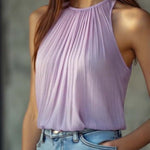 Vintage Pleated Halter Neck Chiffon Blouse