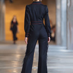 Retro Red Topstitched Navy Denim Long Sleeve Flared Tassel Jumpsuit