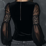 Vintage Henley Collar Sheer Sleeves Lace Trim Polyester Velvet Blouse