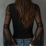 Vintage Sheer Sleeves Zip-up Collar Blouse