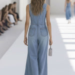 Western Retro Light Blue Denim Sleeveless Raw Edge Wide Leg Zipper Jumpsuit