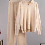 Nadorine Casual Two-Pieces Outfits Lapel V Neck Sweater and Trousers Sets