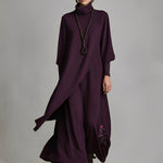 Women's Plum Draped Cotton-Blend Jersey Elegant Turtleneck Embroidered Maxi Dress