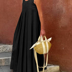 Loose Sleeveless Pleated Solid Color Round-Neck Maxi Dresses