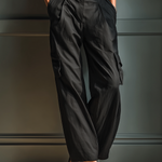 Women's Black Cotton And Linen Blend Sleeveless Collared Jumpsuit With Cargo Pockets