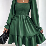 Square Neck Long Sleeve Shirred Ruffle Hem Dresses High Waist A Line Knee Length Elegant Mini Dress