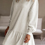 White Solid Color Ruffle Hem Mini Sweatshirt Dress