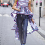 High-Low Loose Contrast Color Split-Joint Striped Round-Neck Vest Top