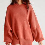 Lantern Sleeve Mock Neck Pullover with Ribbed Cinch Hem Batwing Sweater