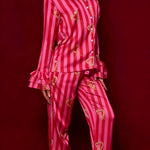 Festive Season Long Candy Stripe Tiered Bell Cuffs Elastic Waist Pocketed Pajama Set