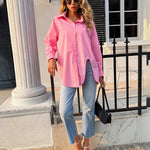 Nadorine Long Sleeve Lapel Cardigan Top Simple Solid Color Loose Fashion Casual Shirt