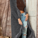 Mineral Washed Tassel Open Front Long Cardigan