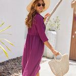 Nadorine Women's Casual Lapel Neck Button Long Sleeve Drawstring Cotton Linen Shirt Dress