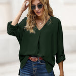 Nadorine V-Neck Long Sleeve Buckle T-Shirt Plain Shirts Shirt Top Elegant Shirts Casual Slim Fit Basic