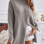 Solid color half turtleneck pullover sweater fashionable mid-length slit dress
