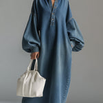 Elegant Urban-style Blue Denim Button-down Maxi Dress