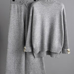 Urban Long Sleeves Solid Color Half Turtleneck Sweater Tops & Wide Leg Pants Two Pieces Set