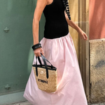 Black Sleeveless Knitted Top with Pink Loose Hem Long Dress