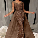 Evening Gown Dark Brown Sequined Lace Tulle Overskirt Mermaid Maxi Dress