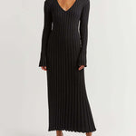 Long Sleeve Dress V-Neck Knit Maxi Dress Ribbed Elegant Long High Waist Pleated Dresses