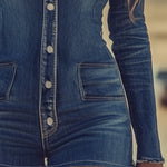 Casual Retro Button Denim Blue Long Sleeve Jumpsuit
