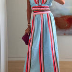 Light Blue Color-Blocked Striped V-Neck Fitted Waist Vacation Maxi Dress