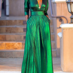 Half Sleeves Puff Sleeves Shiny Solid Color Deep V-Neck Maxi Dresses