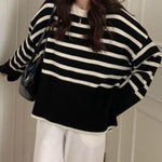 Round Neck Striped Sweater Top Loose Side Slit Pullover Sweater