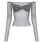 Garcelle Mesh Twist Sequin Bardot Neck Long Sleeve Stretch Top