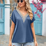 Short Sleeve V Neck Blouse Top Lace Trim Casual Summer Tee Shirt