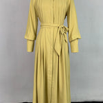 A-Line Long Sleeves Buttoned Pleated Pockets Solid Color Tied Waist V-Neck Maxi Dresses