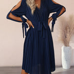 Hollow Long Sleeves Casual Ruffle V Neck Waist Dress with Belt