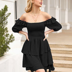 Solid Color Long Sleeve Dress Square Neck Lotus Leaf Mini Dress