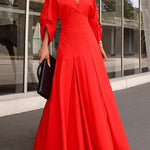 A-Line High Waisted Pleated Solid Color V-Neck Maxi Dresses Shirt Dress