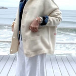 Chunky and Unique Knit Contrast Color Lobster Button Pocket Loose Cardigan