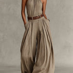 Caterina | Taupe wide leg jumpsuit with boho-style American neckline