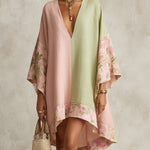 Green and Pink Color-Block Floral-Trim Midi Dress