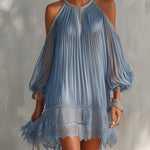 Celeste | Mini Blue Dress with Off-Shoulder Ruching and Lace Hem