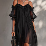 Black Off-Shoulder Chiffon Mini Dress with Lace Trim