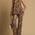 Elegant Leopard Print Sleeveless Chiffon Top And Flared Pants Set