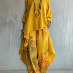 Yellow Asymmetrical Top and Floral Wide-Leg Pants Set