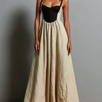 Khaki Sleeveless Maxi Dress with Square Neck and Color-Block Paneling