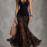 Lucilla | Black two-piece set with printed brown mermaid skirt