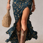 Bohemian Navy Printed Maxi Dress with Ruffled Sleeves
