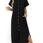 Summer Casual Button Down Long Shirt Dress with Pockets (US Only)