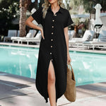 Summer Casual Button Down Long Shirt Dress with Pockets (US Only)