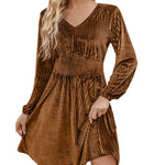 Nadorine Velvet Dress V-Neck Long Sleeve Stretch Mini Dress