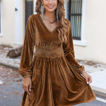 Nadorine Velvet Dress V-Neck Long Sleeve Stretch Mini Dress