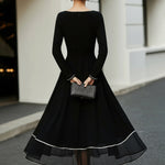 Long Sleeve Contrast Trim Midi Dress With Flared Skirt