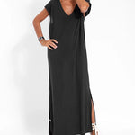 Nadorine Women's Casual V-neck Short Sleeve Loose Fit Slit Dress